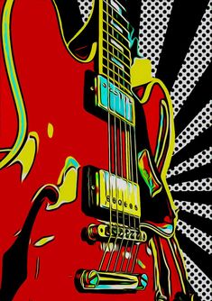 an abstract painting of a red guitar with black and yellow stripes on the neck, in front of a sunburst background