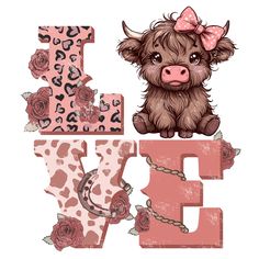 the letter e is for cow with a bow on it's head and roses