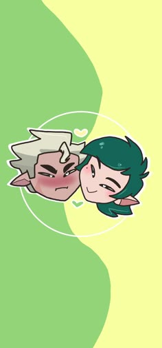 two cartoon characters are kissing each other in front of a green and yellow background with circles