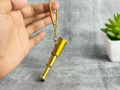 a hand holding a brass lighter shaped keychain next to a potted plant