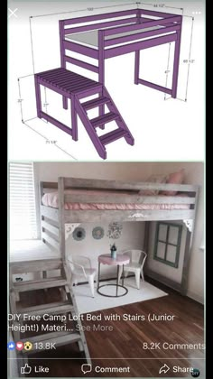 bunk beds with stairs and desks are shown in two different views, one is purple