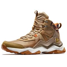 a pair of sneakers with camouflage print on the upper part and soles, all in tan