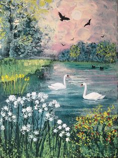 a painting of two swans swimming in a lake surrounded by wildflowers and trees