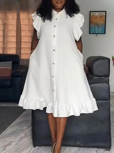 Plus Size Solid Ruffle Dress, Casual Cap Sleeve Mock Neck Dress For Spring & Summer, Women's Plus Size Clothing Short White Dress Outfit, Ruffle Dress Casual, Materials Gown Style, Dress Outfits Party, White Dress Outfit, Corporate Dress, Wedding Party Outfits, Short African Dresses, Easy Dress