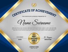 an award certificate with gold trimmings on a blue and white background, in the shape