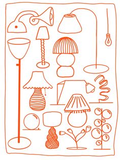 an orange line drawing of lamps and other objects