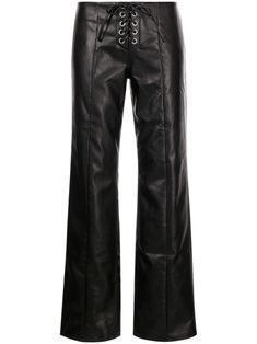 black faux leather lace-up detailing mid-rise front lace-up fastening straight leg Lace Up Leather Pants, Cowgirl Style Outfits, Rotate Birger Christensen, Birger Christensen, Black Leather Pants, Lazy Day Outfits, Airport Fashion, Knit Leggings