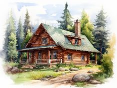 a watercolor painting of a log cabin in the woods