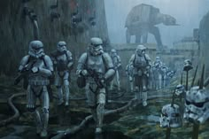 star wars scene with stormtroopers and other characters in the background, all dressed up