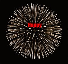 fireworks with the word happy written on it in red and black text, against a black background