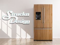 a wooden refrigerator freezer sitting next to a wall with the words stuck in design on it