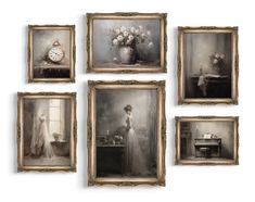 four framed photographs of women in white dresses and vases with flowers on the table