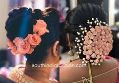 the back of a woman's head with pink flowers in her hair and pearls in her hair