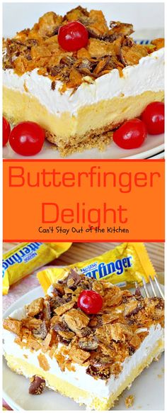 the cover of butterfingerder delight is shown with cherries on top and an orange background