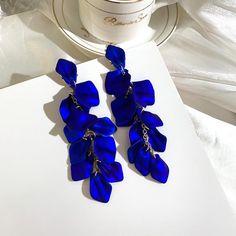 Shape: Leaf Material: Metal - Zinc Alloy & Acrylic Item Type: Earrings Earring Type: Drop Earrings Royal Blue Earrings, Red Rose Petals, Red Petals, Korean Jewelry, Long Tassel Earrings, Blossom Design, Red Earrings, Acrylic Earrings, Flower Fashion