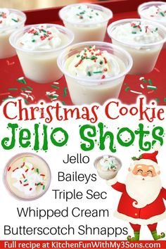 christmas cookie jello shots with whipped cream and sprinkles on the table