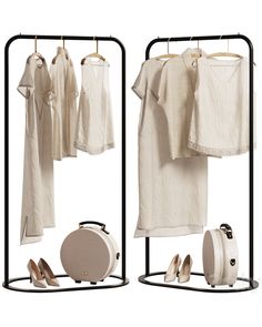 two racks with clothes and shoes hanging on them next to each other in front of a white background