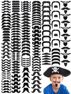 a young boy wearing a pirate hat with lots of fake mustaches on his face