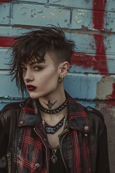 Goth Updo Hairstyles, Short Goth Haircuts, Short Queer Haircuts, Rock Haircut, Short Alt Hair, Short Edgy Haircuts, Metal Head Outfits, Short Punk Haircuts, Punk Haircuts