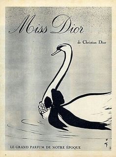 an advertisement for the movie miss dior, with a swan holding flowers in its beak