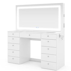 a white desk with drawers and a mirror on it's side, in front of a white background