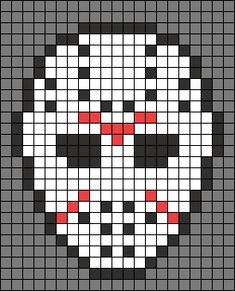 a cross stitch skull with red eyes on it's face, in black and white