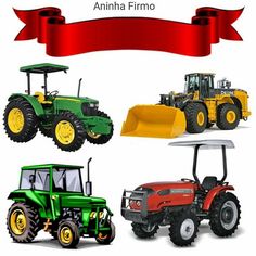 four different types of farm tractors with red ribbon around the top and bottom part,