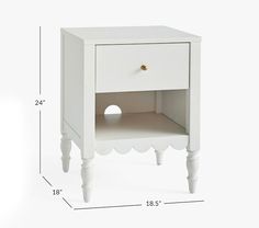 a white nightstand with an open drawer on the bottom and one drawer at the top