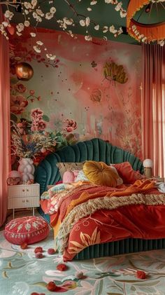 a bedroom decorated in pink and green with flowers on the wall, bedding and pillows