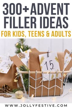 a basket filled with brown paper and christmas decorations