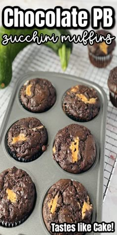 chocolate pb muffins in a baking pan with text overlay