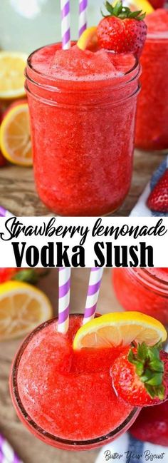 strawberry lemonade vodka slush with strawberries and lemons