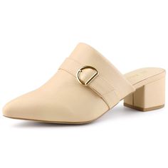 These stylish mules are made of unique design, block heel, pointy toe, and are easy to wear.Buckle Strap Decor Mules.Pointed Toe.Chunky Heel.Vamp: PU; Outsole: Rubber; Heel: ABS. Size: 8. Color: beige. Gender: female. Age Group: adult. Pattern: Solid. Block Heel Mules, Womens Chunky Heels, Closed Toe Shoes, Heel Mules, Block Heel Sandals, Block Heel Shoes, Shoes Heels Pumps, Block Heels Sandal, Chunky Heel