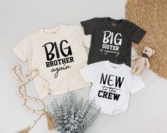 Please enter the exact custom text you want for exact shirt SEPERATELY. I will print what you added, please be careful! Don't forget to add your baby's gender BE CAREFUL WITH YOUR CUSTOM TEXT YOU WANTALL ORDERS OVER 4 ITEMS WILL RECEIVE A 45% DISCOUNT  ❌ THIS IS NOT A SET ❌ ♻️ IF YOU PLACE ONE ITEM, YOU WILL RECEIVE ONLY ONE ITEM. IF YOU WANT ALL ITEMS IN THE PHOTO, PLEASE PLACE AN ORDER WITH THE QUANTITY OF SHIRT YOU WANT ♻️ DON'T FORGET TO ADD THE CLEAR CUSTOM FOR EACH SHIRT ❤️Hope you having Big Sibling Shirts, Big Sibling Announcement, 3rd Baby Announcement With Siblings, Sibling Shirts For 3, Oldest Middle Youngest, 3rd Baby Announcement, Sibling Announcement, Pregnancy Announcement Sibling, Creative Pregnancy Announcement