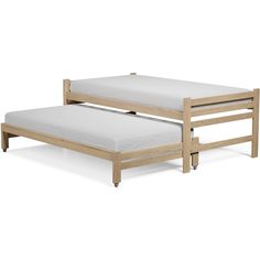 the bed frame is made from wood and has two mattresses on each one side