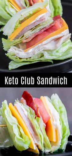 two pictures showing different types of sandwiches on black plates with lettuce, cheese and tomato slices