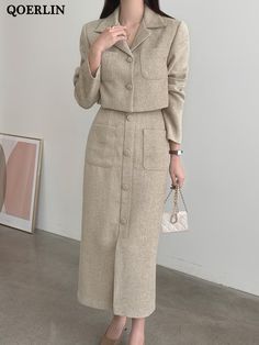 QOERLIN Elegant 2 Piece Sets Womens Outfits Tweed Skirt and Blazer Suits Stylilsh Short Jacket Coat Long Blazer And Skirt Outfit, One Set Korean Style, Long Skirt With Blazer, Beige Suits Women, Long Tweed Skirt, Long Midi Skirt, Tweed Set, Zipper Skirt, 2 Piece Sets