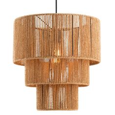 a chandelier made out of wicker and hanging from a black wire on an isolated white background