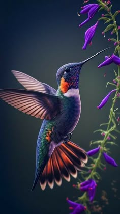 a colorful hummingbird flying next to purple flowers