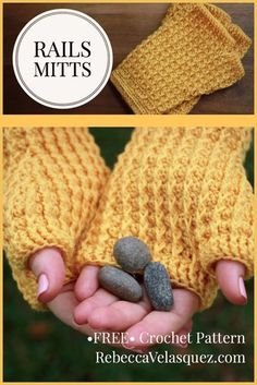 two photos with text that says, free crochet pattern for mitts