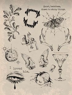 an old - fashioned drawing shows different things in black and white, including the words i love him