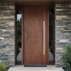 a modern wooden door in front of a stone wall and planters with potted plants