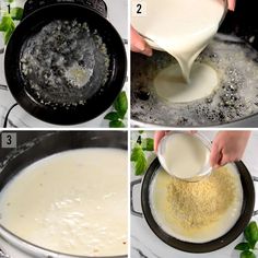 four pictures showing how to make cheese sauce in a skillet and then adding milk