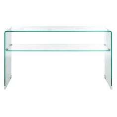 a glass table with metal legs and a clear shelf on the bottom, against a white background