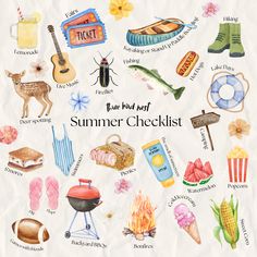 a watercolor drawing of summer checklist items on a white background with the words