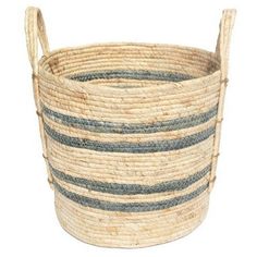 a large basket with handles and blue stripes on the bottom, sitting in front of a white background