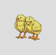 two yellow chicks are standing next to each other on a white background with small dots