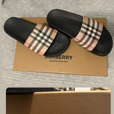 Burberry Slides Only Used To Try On Burberry Slides, Lv Slides, Luxury Slides, Pretty Sneakers, Designer Slides, Pretty Sandals, Nike Shoes Girls, Pretty Shoes Sneakers, Shoe Wishlist