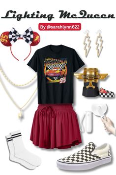 a woman's outfit is shown with shoes and other items in the background, including a t - shirt that says racing me queen by @ saralynnna2