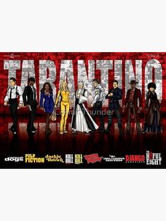 the cast of tarafino poster with their names in red, white and black